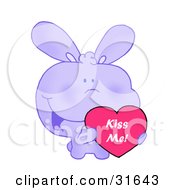 Poster, Art Print Of Cute Purple Bunny With Blushed Cheeks Holding Up A Red Heart Valentine