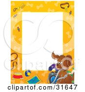 Poster, Art Print Of Stationery Border Or Frame Of A Puppy Dog With A Camera Leash Food Toys And Dog Bones