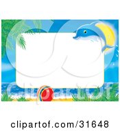 Poster, Art Print Of Dolphin Leaping In Front Of The Sun Over A Ball On A Tropical Beach With A Blank White Rectangle For A Photo Or Text