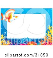 Poster, Art Print Of Stationery Border Or Frame Of Colorful Corals And A Yellow Red And White Marine Fish