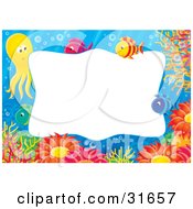 Poster, Art Print Of Stationery Border Or Frame With An Octopus Fish Corals And Anemones Underwater