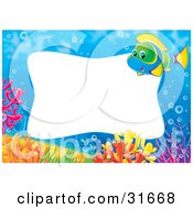 Poster, Art Print Of Stationery Border Or Frame With A Green Blue And Yellow Marine Fish And Colorful Corals