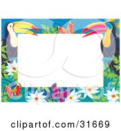 Stationery Border Or Frame Of Two Toucans Flowers And Butterflies