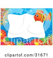 Poster, Art Print Of Stationery Border Or Frame Of An Orange And Yellow Clownfish Sea Anemones And Corals Underwater