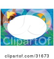 Clipart Illustration Of A Stationery Border Or Frame Of A Brown Toucan Flying Above Tropical Palms by Alex Bannykh