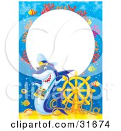 Stationery Border Or Frame Of Colorful Coral Fish Sunken Treasure A Helm And Shark