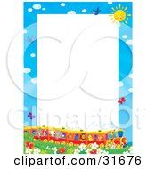 Poster, Art Print Of Stationery Border Or Frame Of A Train Full Of Animals In A Field Of Flowers And Butterflies