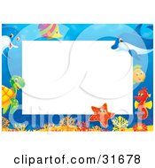 Poster, Art Print Of Stationery Border Or Frame With Colorful Marine Fish A Turtle Starfish Seahorse And Dolphins
