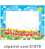 Stationery Border Or Frame Of Birds Butterflies Bugs And Flowers Watching A Train Of Animals On A Sunny Day