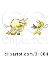Poster, Art Print Of Yellow Man Holding A Stool And Whip While Taming A Bull Bull Market
