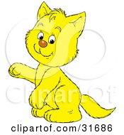Poster, Art Print Of Cute Yellow Kitty Cat Sitting Up On Its Hind Legs Raising One Paw