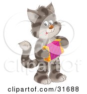 Poster, Art Print Of Striped Kitty Cat Standing On Its Hind Legs Playing An Accordion