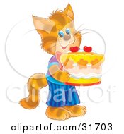 Poster, Art Print Of Cute Striped Kitty Cat In Clothes Standing On Its Hind Legs And Holding A Birthday Cake