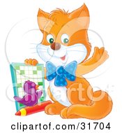 Poster, Art Print Of Smart Ginger Kitten And Purple Bird Waving At The Viewer And Holding Up An Activity Book