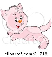 Clipart Illustration Of A Hyper Pink Kitty Cat Glancing At The Viewer While Leaping Past by Alex Bannykh