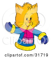 Friendly Yellow Kitten Wearing A Winter Coat And Waving