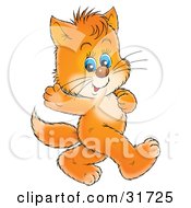 Clipart Illustration Of A Cute Blue Eyed Ginger Kitten Waving And Walking On Its Hind Legs by Alex Bannykh