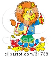 Poster, Art Print Of Smart Young Male Lion Wearing Clothes Walking Through Fallen Leaves And Carrying A Book And Pencil To School