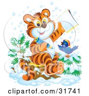 Poster, Art Print Of Smart Tiger Cub And Bird In The Snow Coloring In An Activity Book