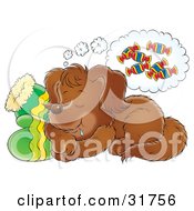 Poster, Art Print Of Brown Puppy Drooling While Sleeping On A Pair Of Gloves Dreaming Of Treats