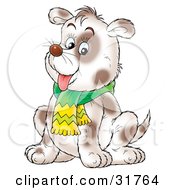 Poster, Art Print Of Chubby Spotted Dog Wearing A Scarf Sitting And Hanging Its Tongue Out