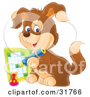 Poster, Art Print Of Brown Puppy Dog Writing In An Activity Book With A Blue Pencil