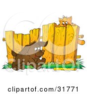Poster, Art Print Of Scared Kitty Hanging From A Fence Watching A Puppy Fetch A Stick