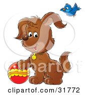 Poster, Art Print Of Bluebird Flying Above A Brown Puppy Playing With A Ball