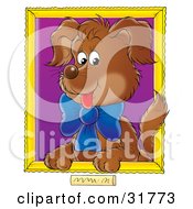 Clipart Illustration Of A Portrait Of A Brown Puppy Wearing A Blue Bow With A Purple Background