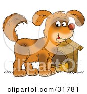 Cute Brown Spotted Dog Standing In Front Of A Wooden Dog House