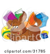 Poster, Art Print Of Brown Puppy Crouching Playfully In Front Of Blocks A Ball And Books