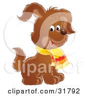 Adorable Brown Puppy Dog Wearing A Scarf Sitting And Raising One Ear