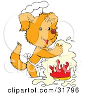 Clipart Illustration Of A Happy Yellow Puppy In A Chefs Hat And Apron Cooking In A Kitchen