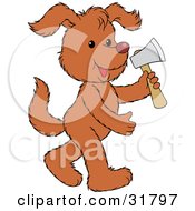 Brown Dog Walking On Its Hind Legs Carrying A Hatchet