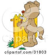 Poster, Art Print Of Dog Standing On Its Hind Legs Hammering A Fence