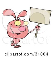 Clipart Illustration Of A Pink Bunny Rabbit Smiling And Holding Up A Blank Sign