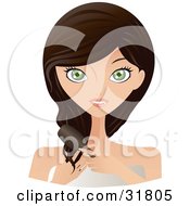 Poster, Art Print Of Beautiful Brunette Caucasian Woman With Green Eyes Facing Front And Brushing Her Hair