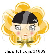 Poster, Art Print Of Pretty Black Haired Girl With Blushed Cheeks On A Yellow Flower Or Bonnet Background With A Bow