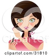 Poster, Art Print Of Beautiful Brunette Caucasian Woman With Green Eyes Facing Front And Applying Mascara To Her Eyelashes