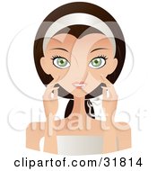 Poster, Art Print Of Beautiful Brunette Caucasian Woman With Green Eyes Facing Front And Touching Her Face