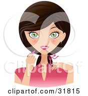 Poster, Art Print Of Beautiful Brunette Caucasian Woman With Green Eyes Facing Front And Applying Lipstick