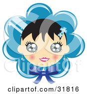 Clipart Illustration Of A Pretty Black Haired Girl With Blushed Cheeks On A Blue Flower Or Bonnet Background With A Bow