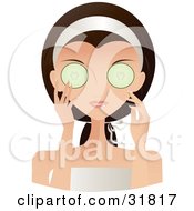 Poster, Art Print Of Beautiful Brunette Caucasian Woman With Green Eyes Facing Front And Holding A Cucumber Over Her Eyes