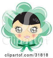 Clipart Illustration Of A Pretty Black Haired Girl With Blushed Cheeks On A Green Flower Or Bonnet Background With A Bow