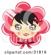 Clipart Illustration Of A Pretty Black Haired Girl With Blushed Cheeks On A Pink Flower Or Bonnet Background With A Bow