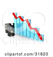 Poster, Art Print Of Three Oil Barrels And A Red Arrow Along The Decline Of A Blue Bar Graph