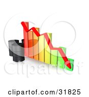 Three Unmarked Black Oil Barrels And A Red Arrow Along The Decline Of A Colorful Bar Graph
