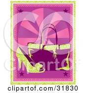 Poster, Art Print Of Green Circle Patterned High Heel Shoe In Front Of A Purse On A Pink Background With Rays Stars And A Green Border