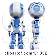 Poster, Art Print Of 3d Blue And White Ao-Maru Robots One Facing Front One Facing Left And In Profile