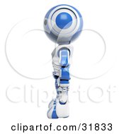 Clipart Illustration Of A 3D Blue And White AO Maru Robot Standing Tall And Straight With His Arms At His Side In Profile And Facing Left